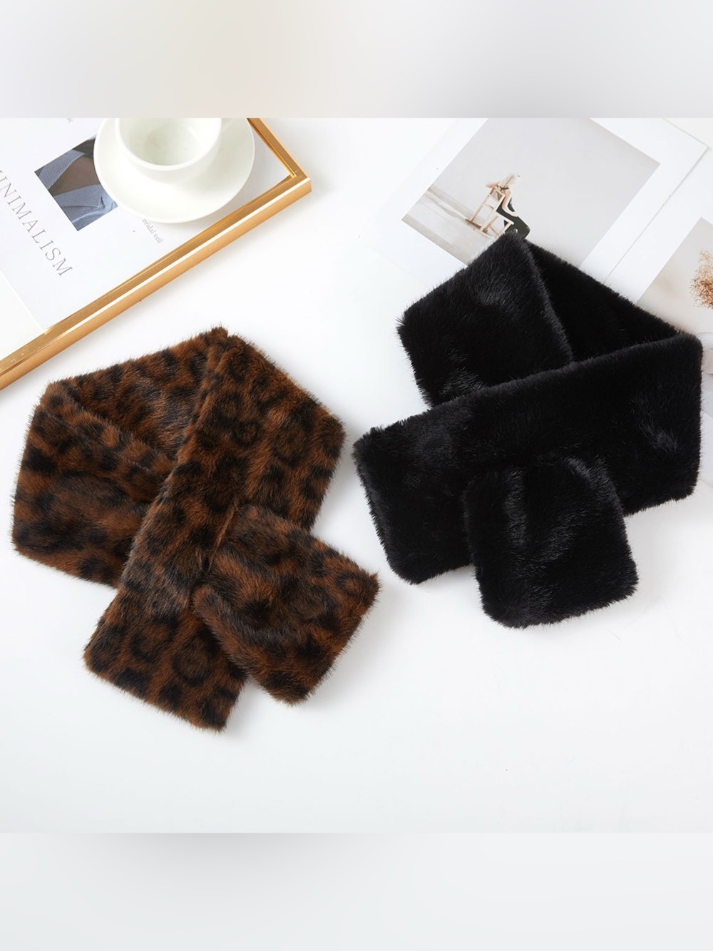 Kids Faux Fur Scarf - Black and Brown Leopard